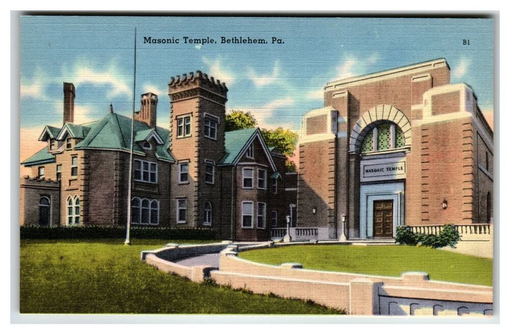 Masonic Temple Bethlehem PA Linen Postcard R. Ramsay Mebane 1930s